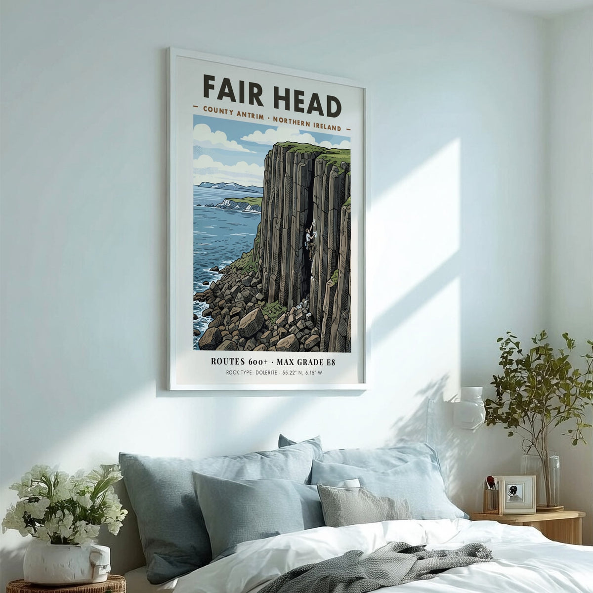 Poster of a climber on the massive basalt cliffs at Fair Head, Ireland.