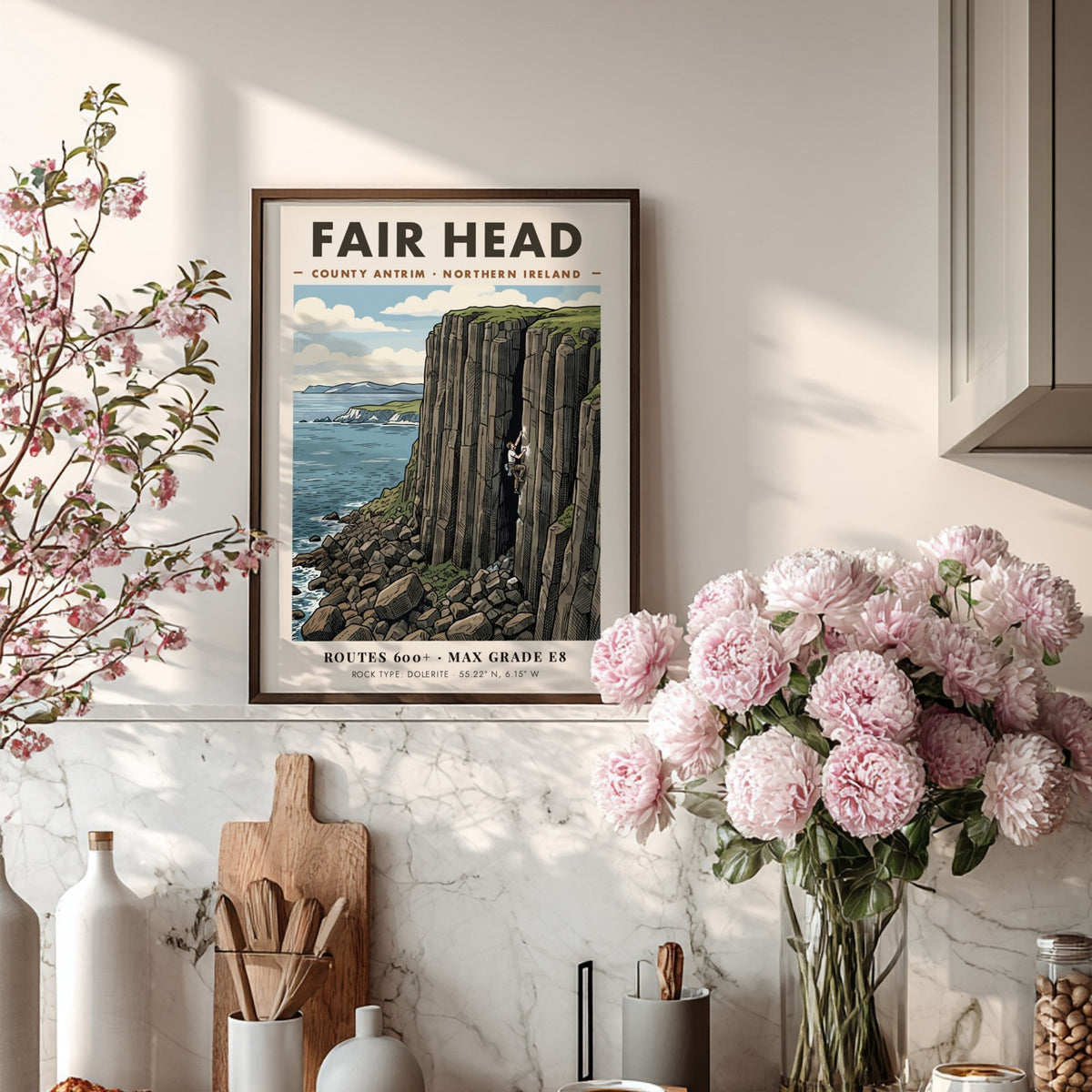 Poster of a climber on the massive basalt cliffs at Fair Head, Ireland.