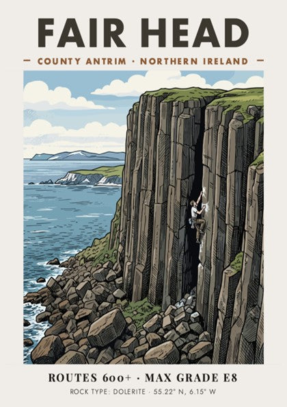 Poster of a climber on the massive basalt cliffs at Fair Head, Ireland.