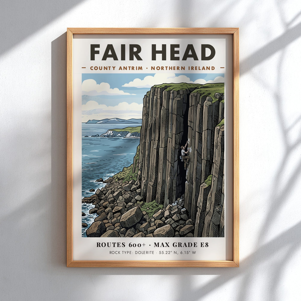 Poster of a climber on the massive basalt cliffs at Fair Head, Ireland.