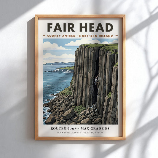 Poster of a climber on the massive basalt cliffs at Fair Head, Ireland.