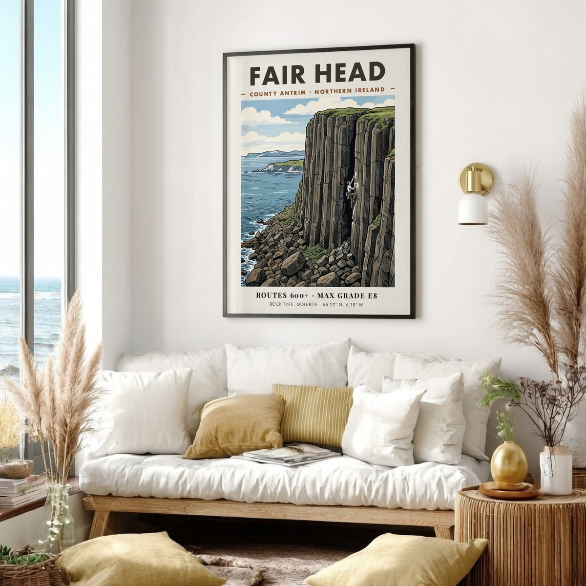 Poster of a climber on the massive basalt cliffs at Fair Head, Ireland.