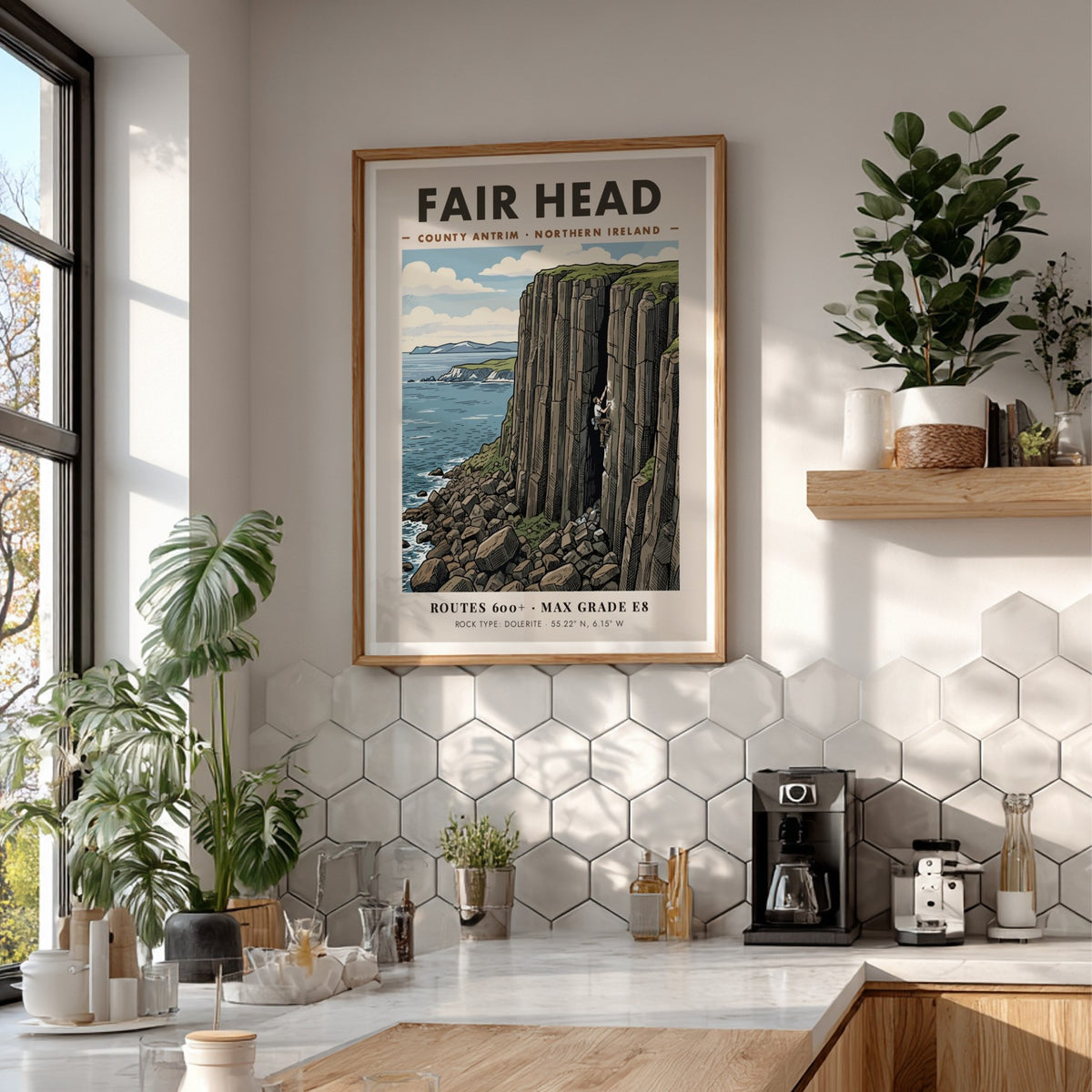 Poster of a climber on the massive basalt cliffs at Fair Head, Ireland.