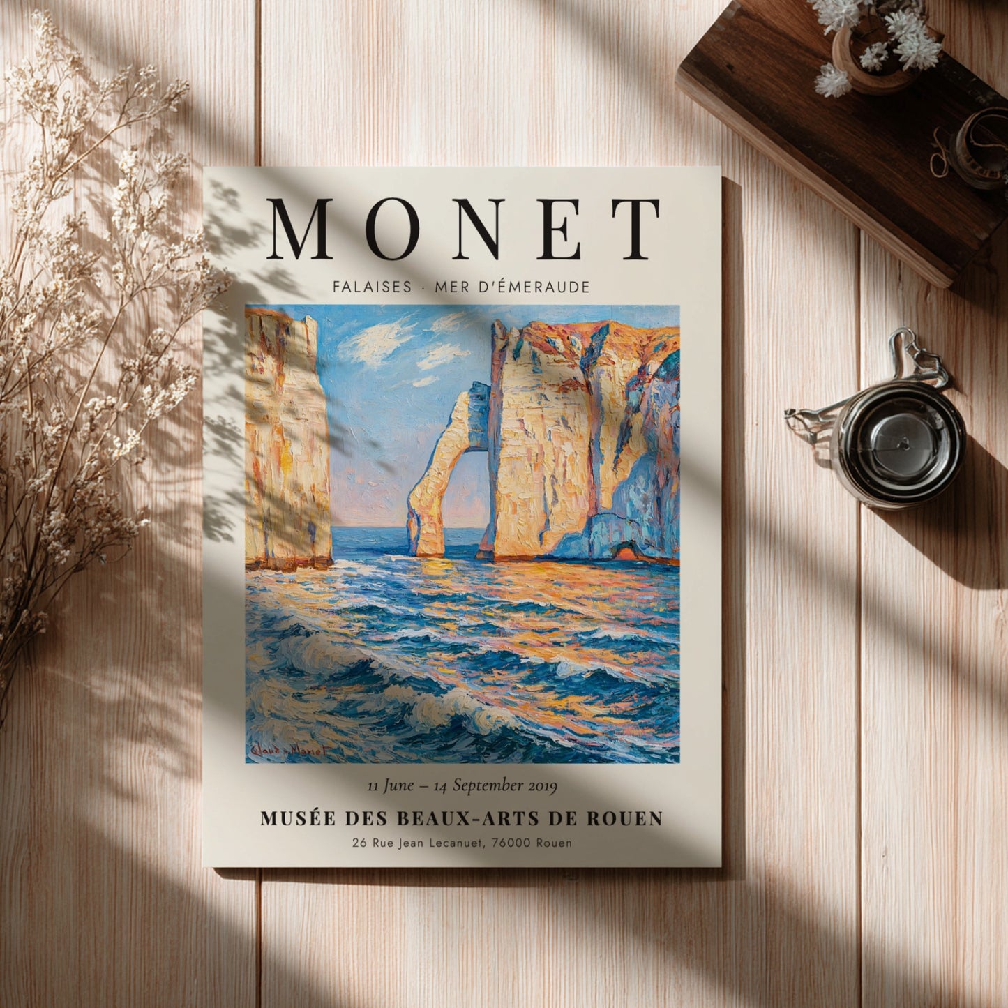 Monet inspired poster featuring Falaises - Mer d'Émeraude with vibrant blue tones and coastal scenery