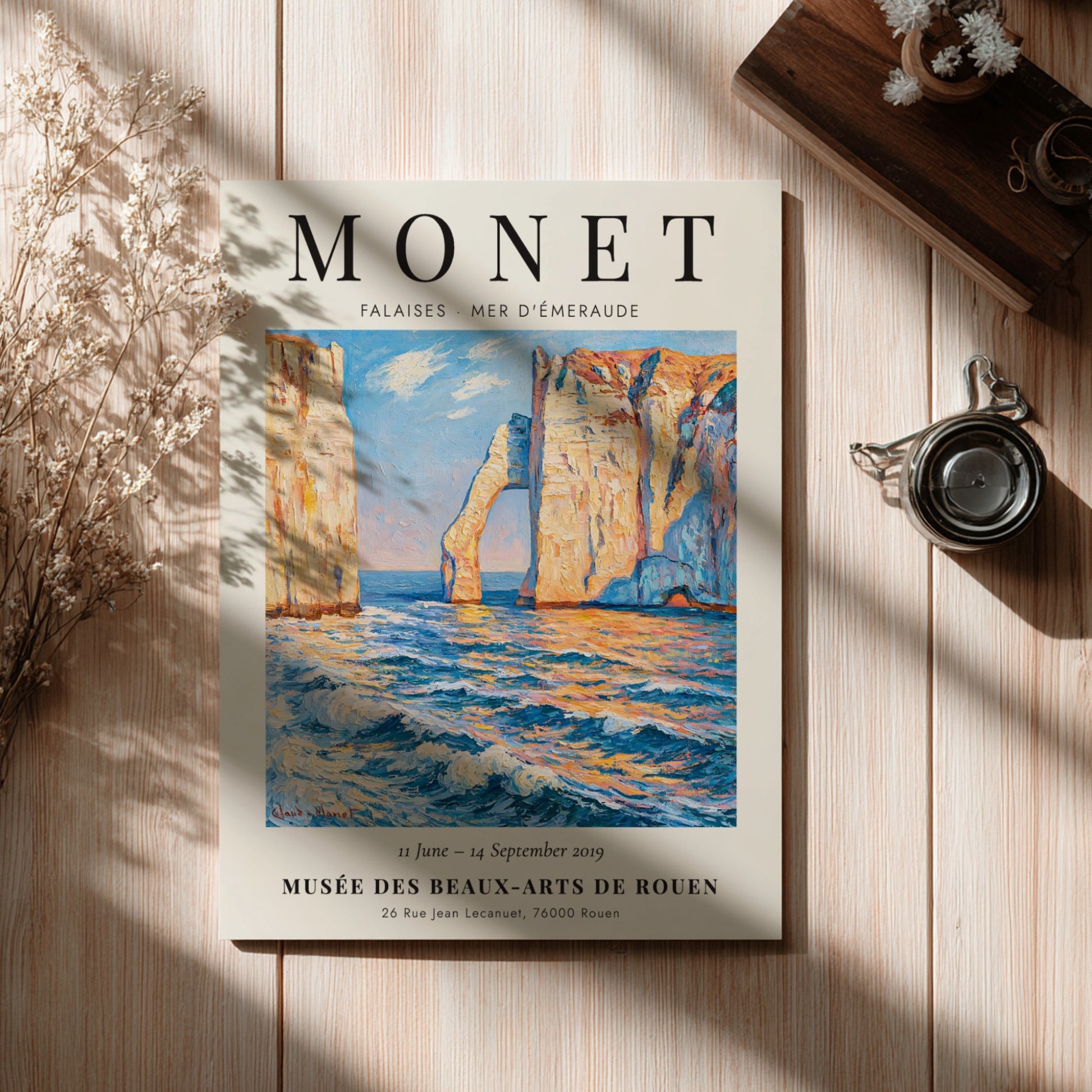 Monet inspired poster featuring Falaises - Mer d'Émeraude with vibrant blue tones and coastal scenery