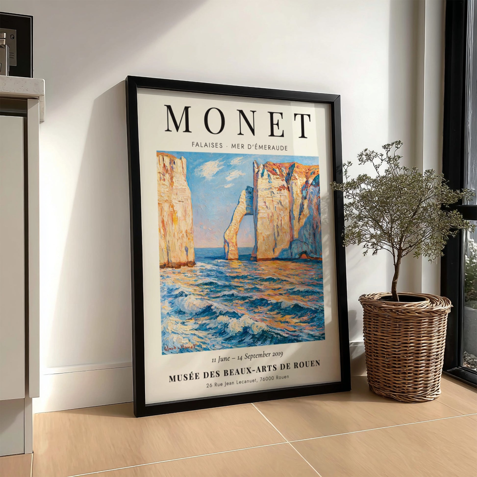 Monet inspired poster featuring Falaises - Mer d'Émeraude with vibrant blue tones and coastal scenery