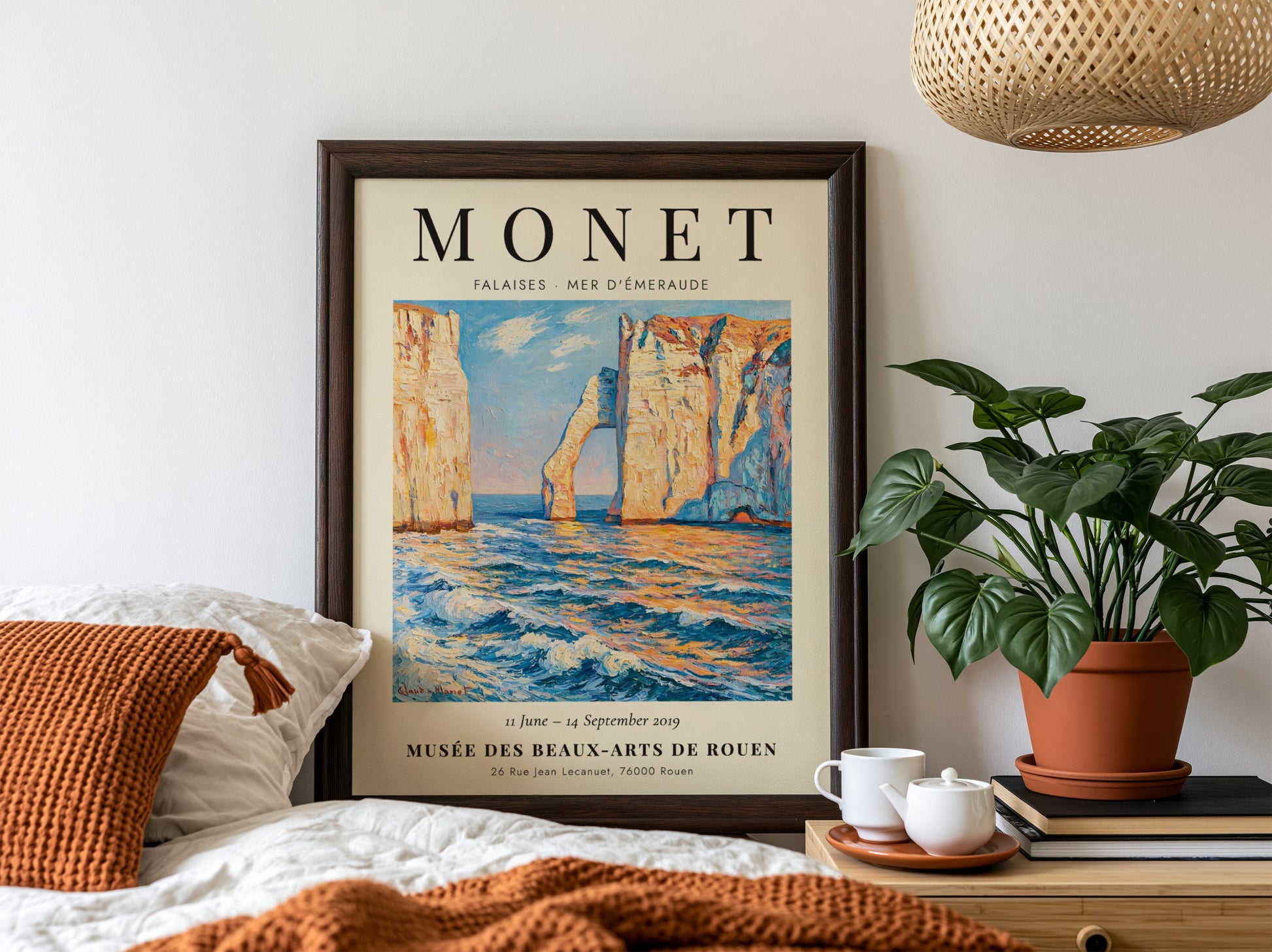 Monet inspired poster featuring Falaises - Mer d'Émeraude with vibrant blue tones and coastal scenery