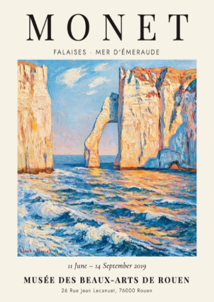 Monet inspired poster featuring Falaises - Mer d'Émeraude with vibrant blue tones and coastal scenery