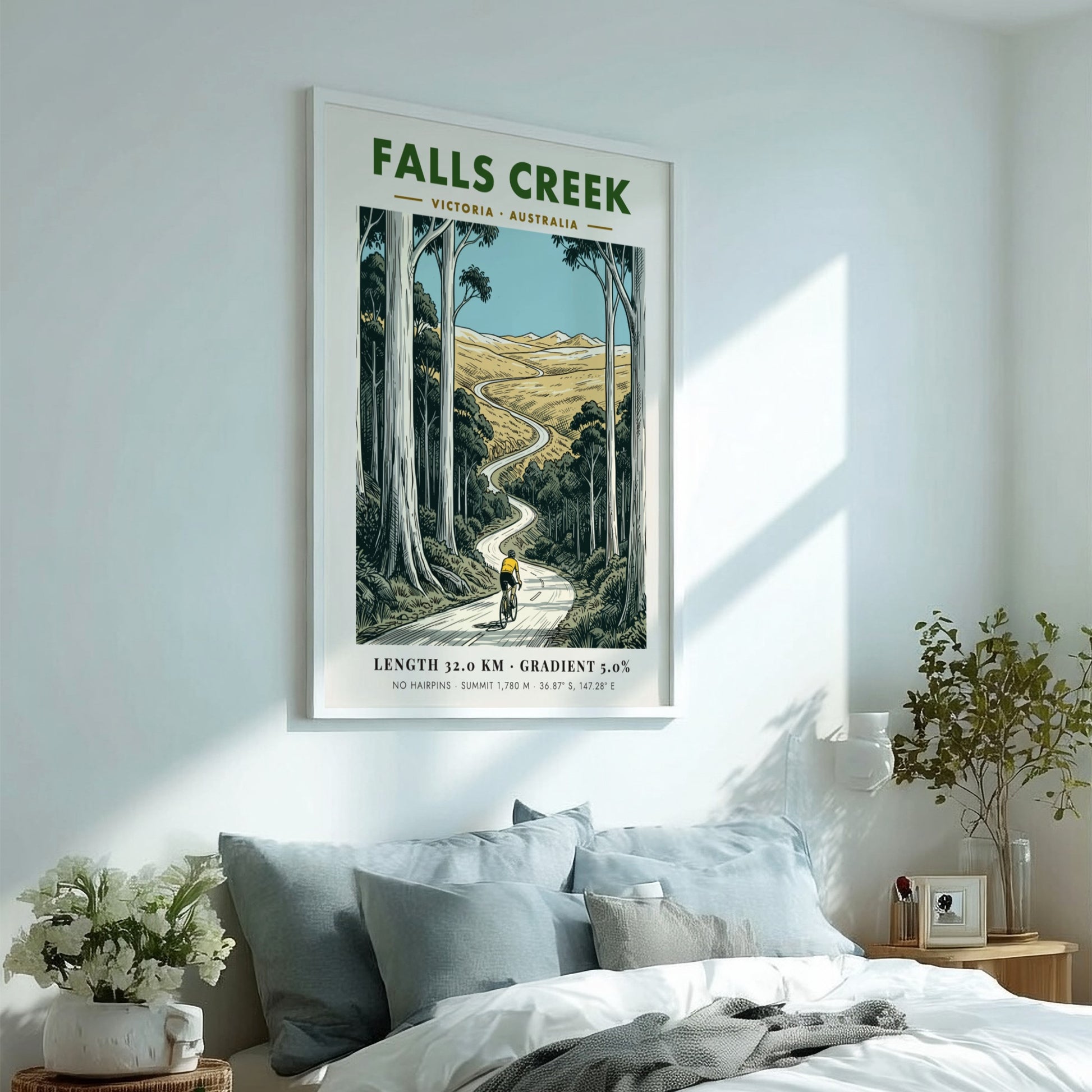 Poster of a cyclist climbing a winding road at Falls Creek in Australia.