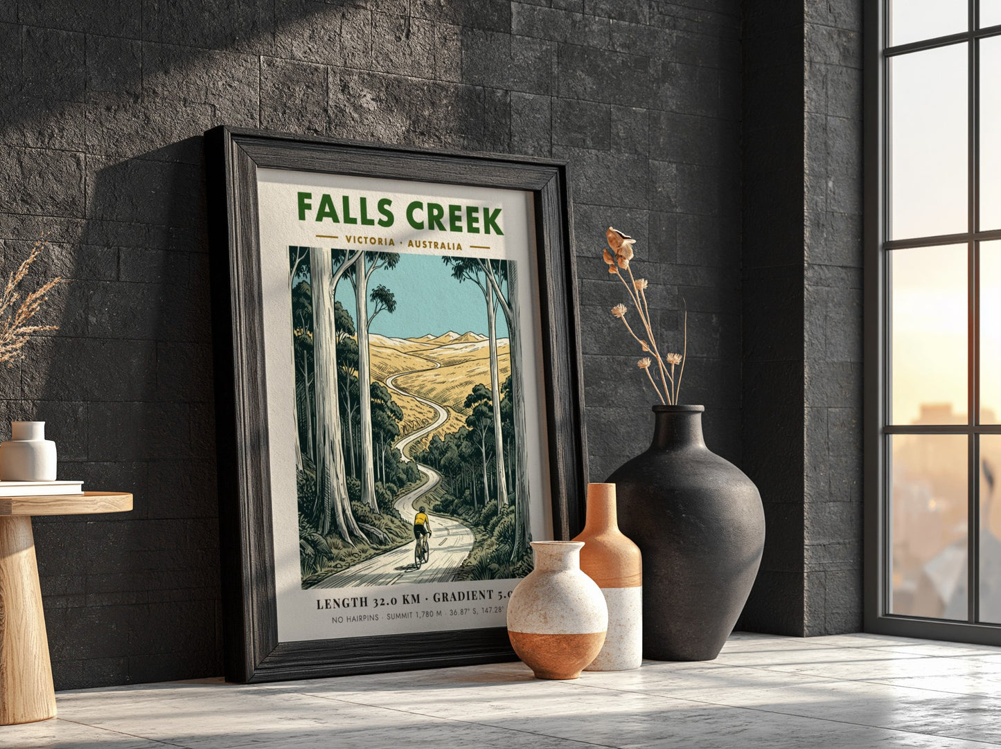 Poster of a cyclist climbing a winding road at Falls Creek in Australia.