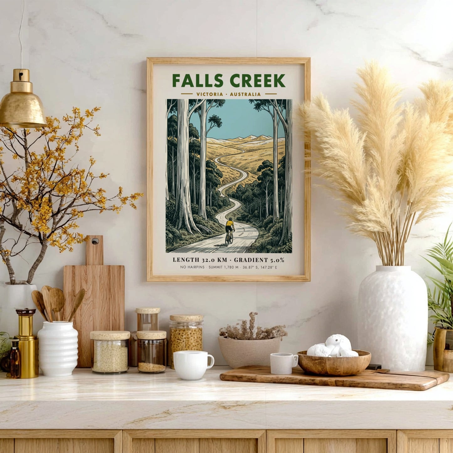 Poster of a cyclist climbing a winding road at Falls Creek in Australia.