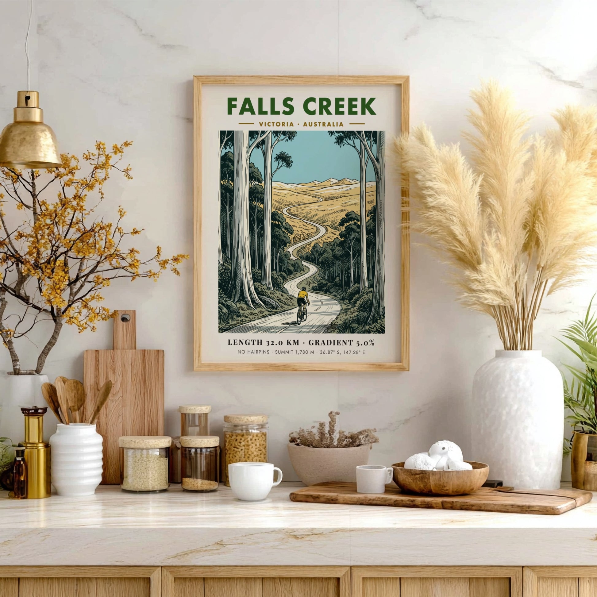 Poster of a cyclist climbing a winding road at Falls Creek in Australia.