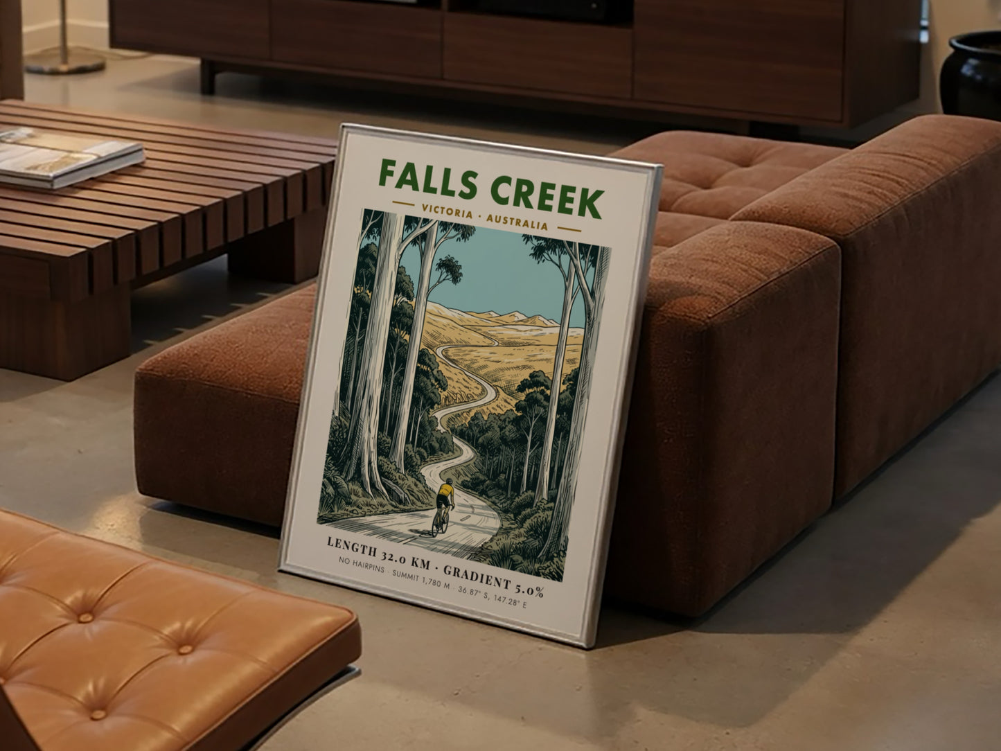 Poster of a cyclist climbing a winding road at Falls Creek in Australia.