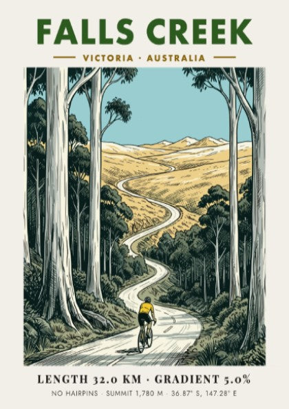 Poster of a cyclist climbing a winding road at Falls Creek in Australia.