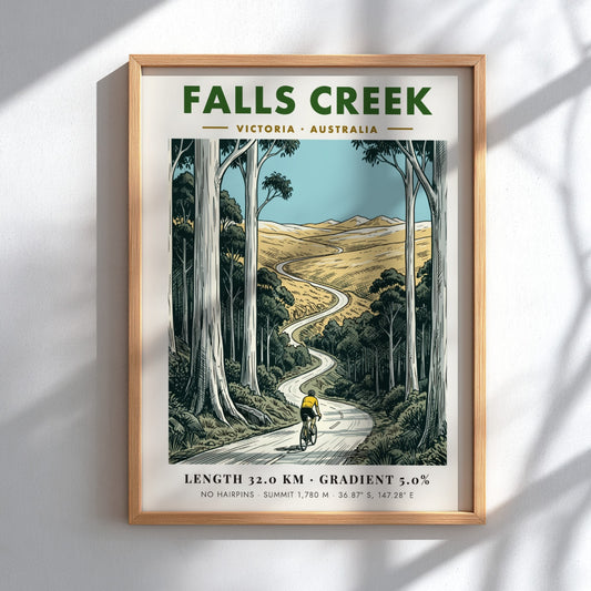 Poster of a cyclist climbing a winding road at Falls Creek in Australia.