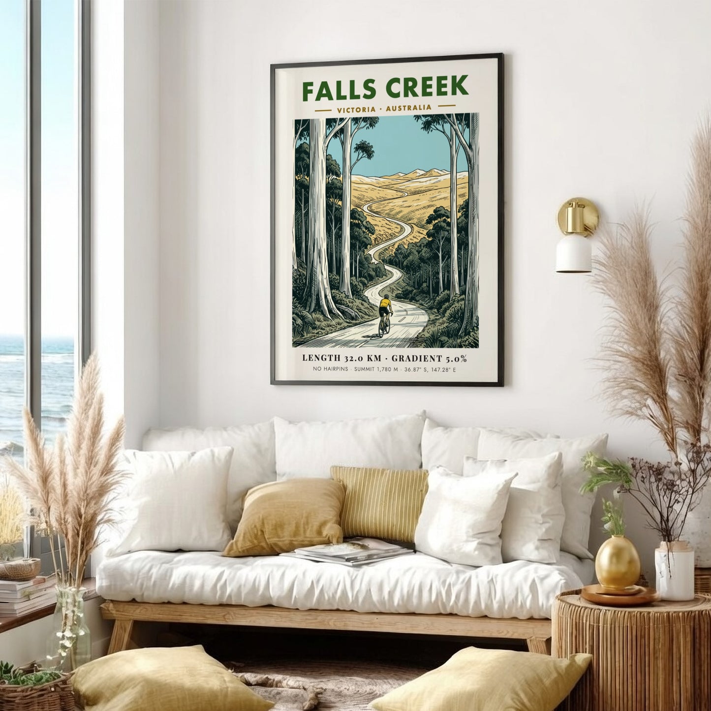 Poster of a cyclist climbing a winding road at Falls Creek in Australia.