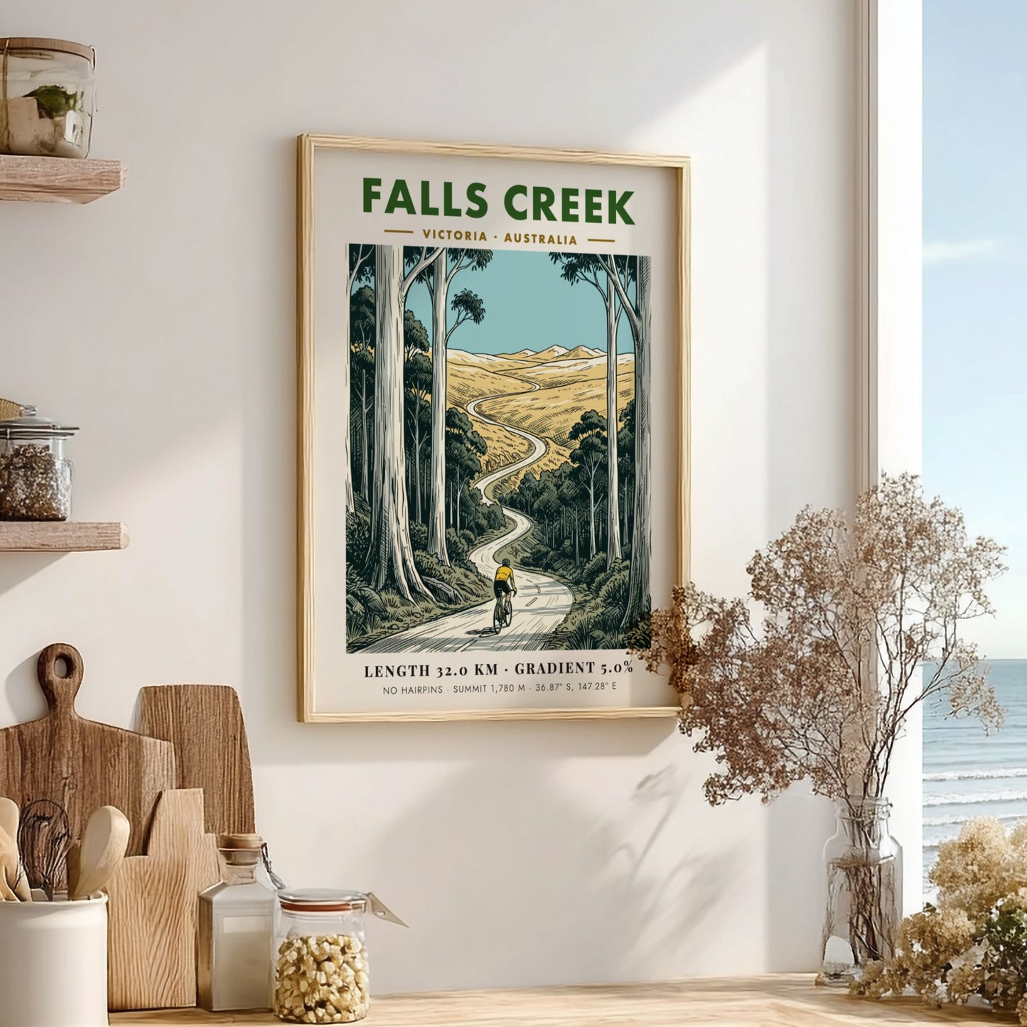 Poster of a cyclist climbing a winding road at Falls Creek in Australia.