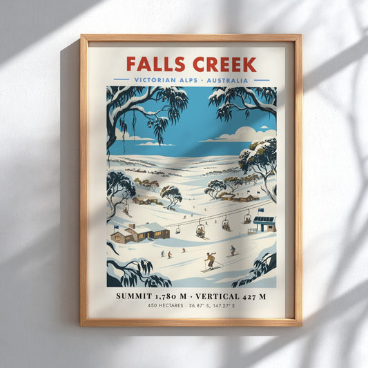 Falls Creek ski resort poster featuring a snowy landscape and ski lifts in vintage style