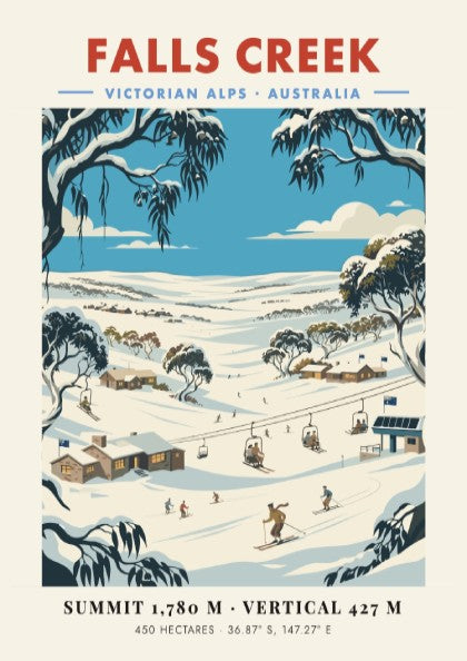 Falls Creek ski resort poster featuring a snowy landscape and ski lifts in vintage style
