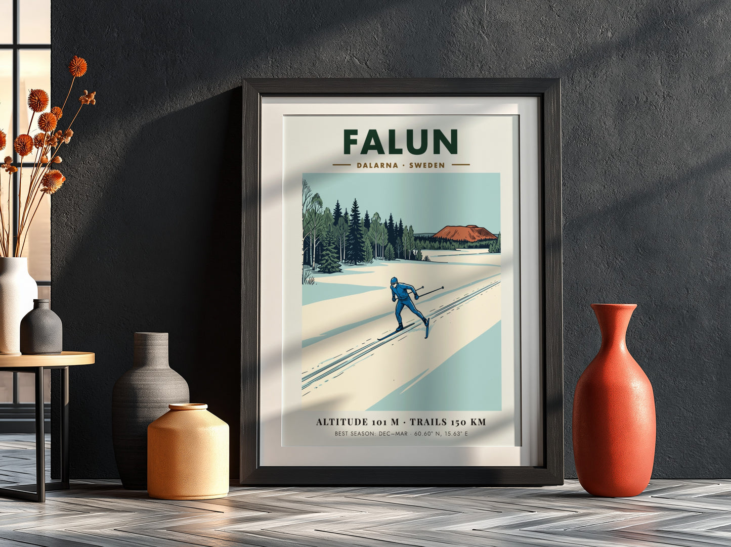 Poster featuring a skier in blue on snowy Falun trails near Swedish forests.