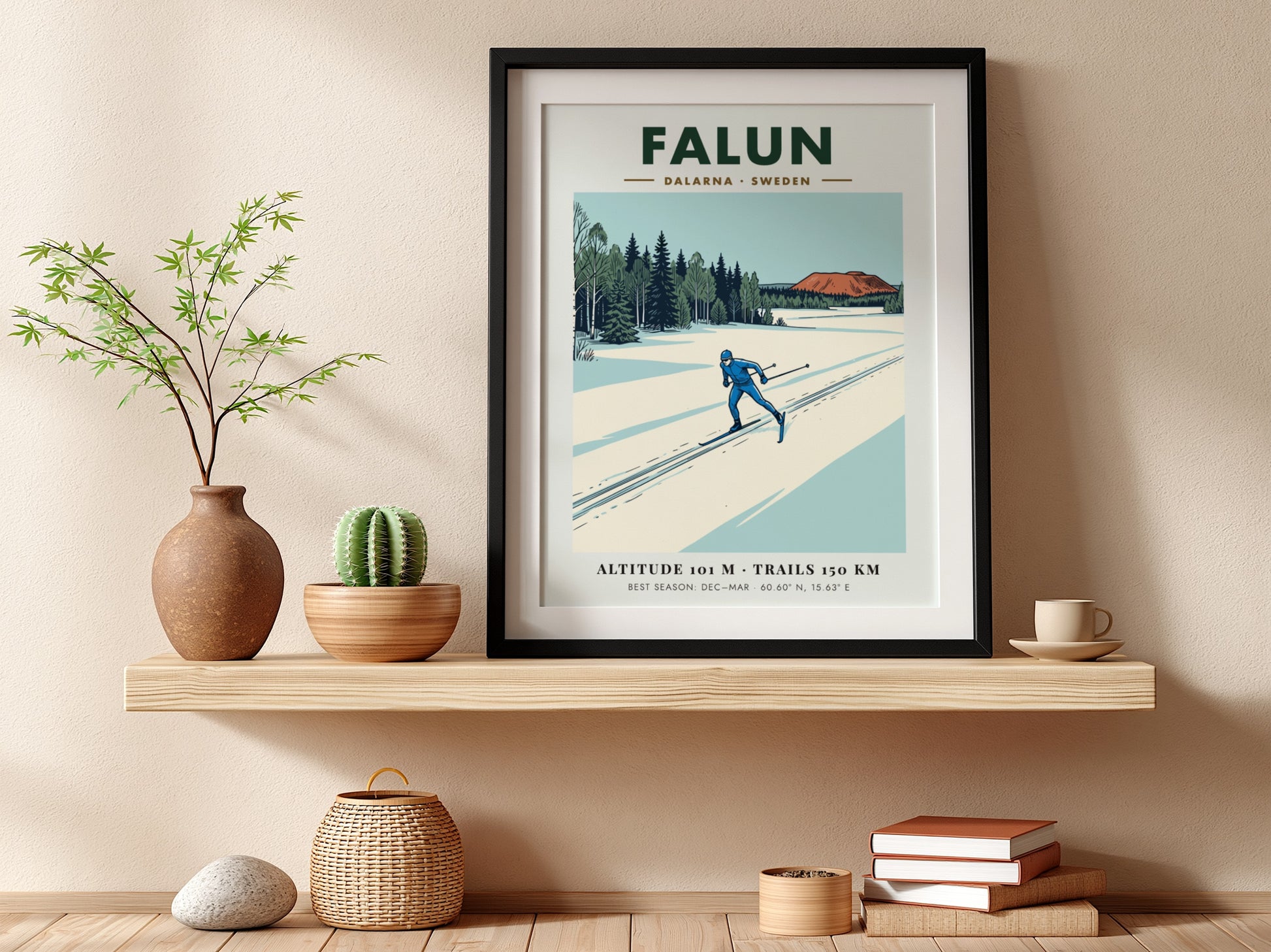 Poster featuring a skier in blue on snowy Falun trails near Swedish forests.
