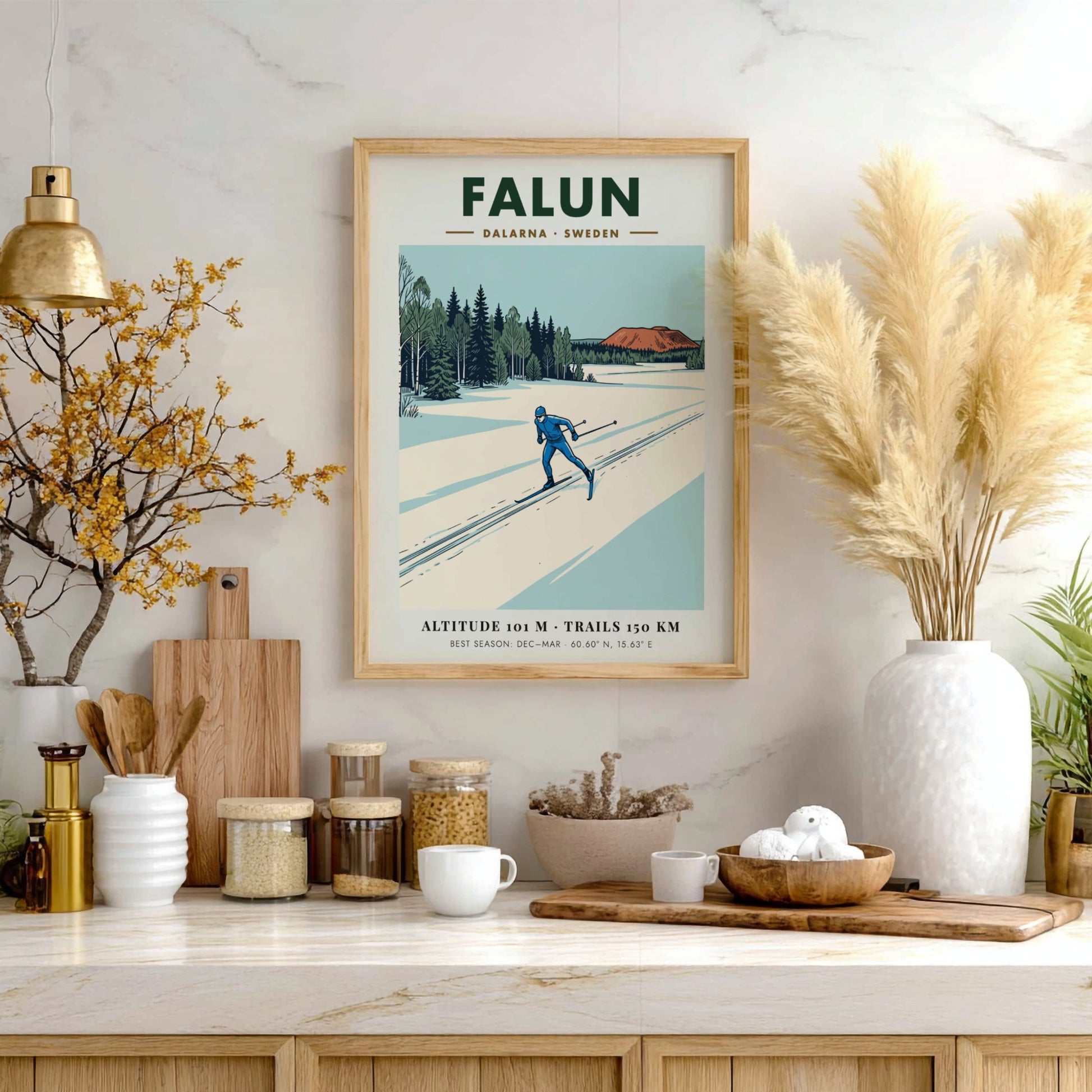 Poster featuring a skier in blue on snowy Falun trails near Swedish forests.