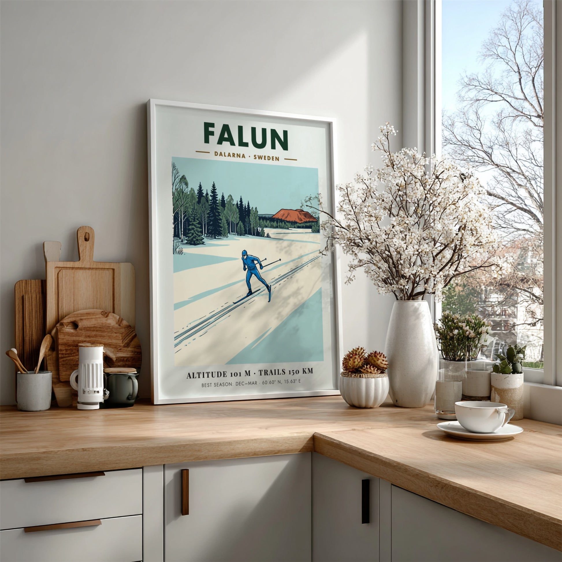 Poster featuring a skier in blue on snowy Falun trails near Swedish forests.