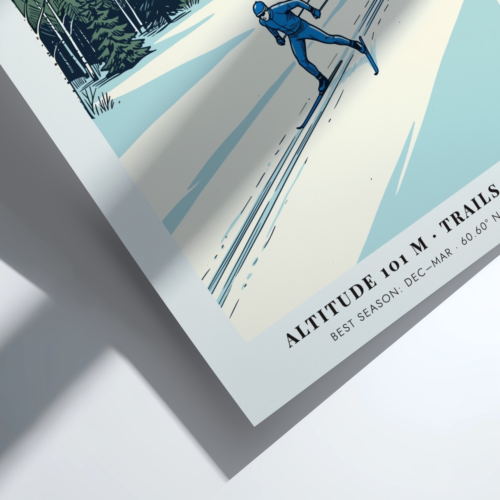 Poster featuring a skier in blue on snowy Falun trails near Swedish forests.