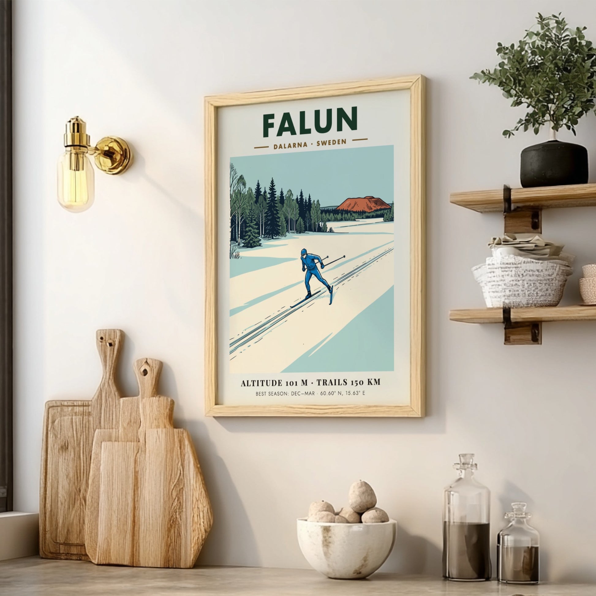 Poster featuring a skier in blue on snowy Falun trails near Swedish forests.