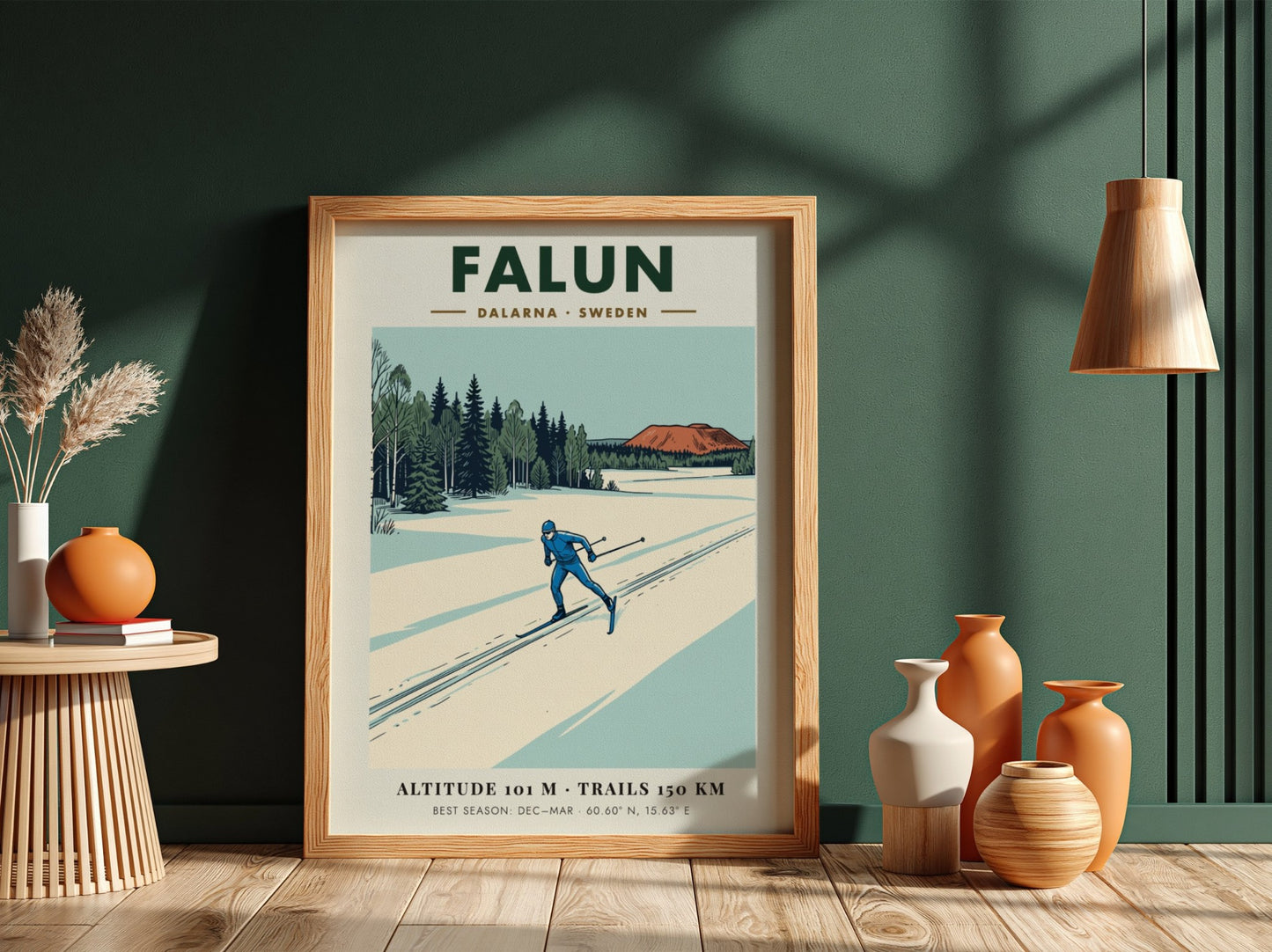 Poster featuring a skier in blue on snowy Falun trails near Swedish forests.