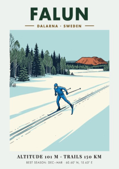 Poster featuring a skier in blue on snowy Falun trails near Swedish forests.