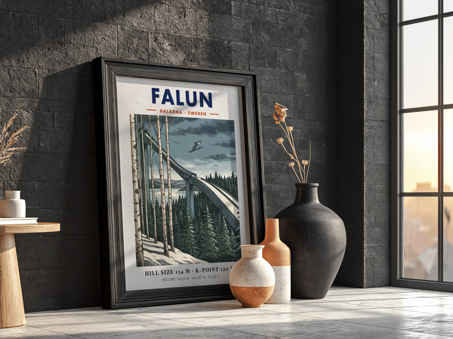 Falun ski jumping poster showing a jumper in mid-air above pine trees and birch