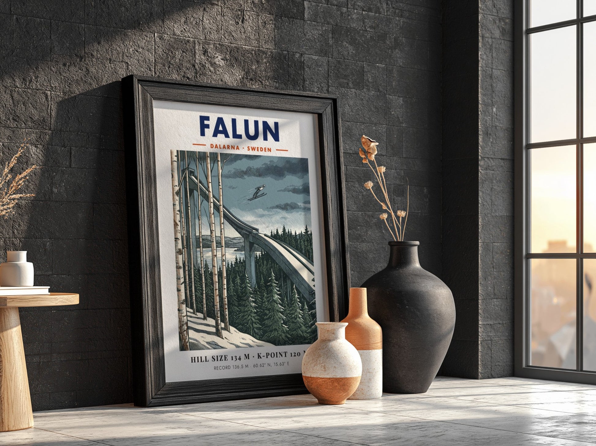 Falun ski jumping poster showing a jumper in mid-air above pine trees and birch