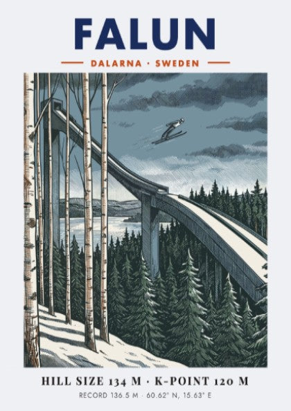 Falun ski jumping poster showing a jumper in mid-air above pine trees and birch