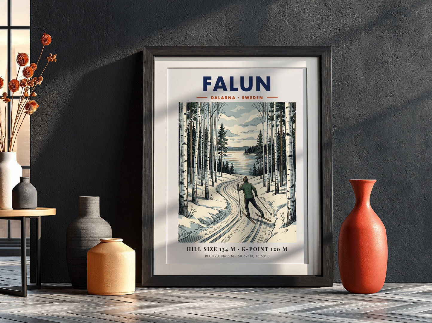 Poster featuring a skier in a forest landscape with Falun Sweden winter scenery.