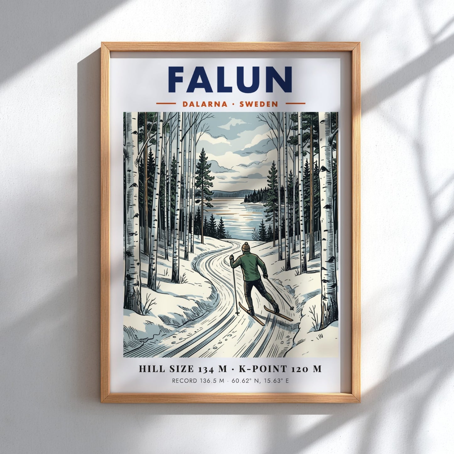 Poster featuring a skier in a forest landscape with Falun Sweden winter scenery.