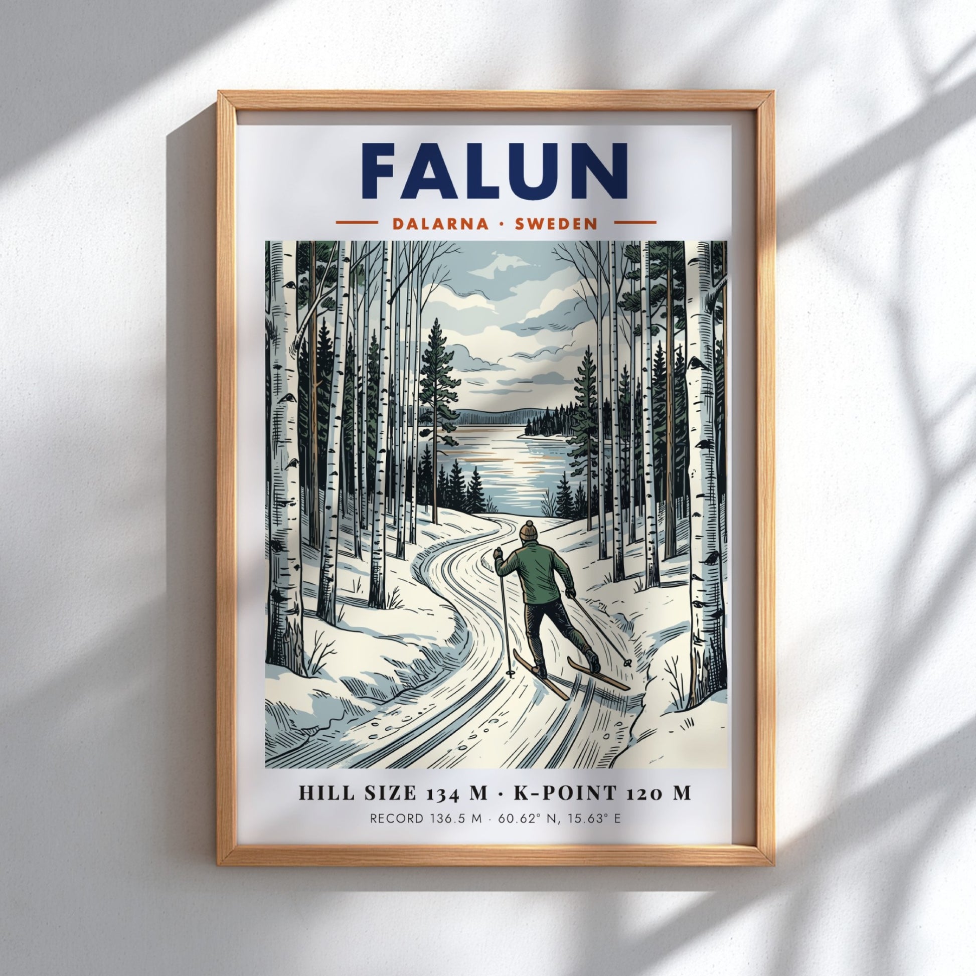 Poster featuring a skier in a forest landscape with Falun Sweden winter scenery.
