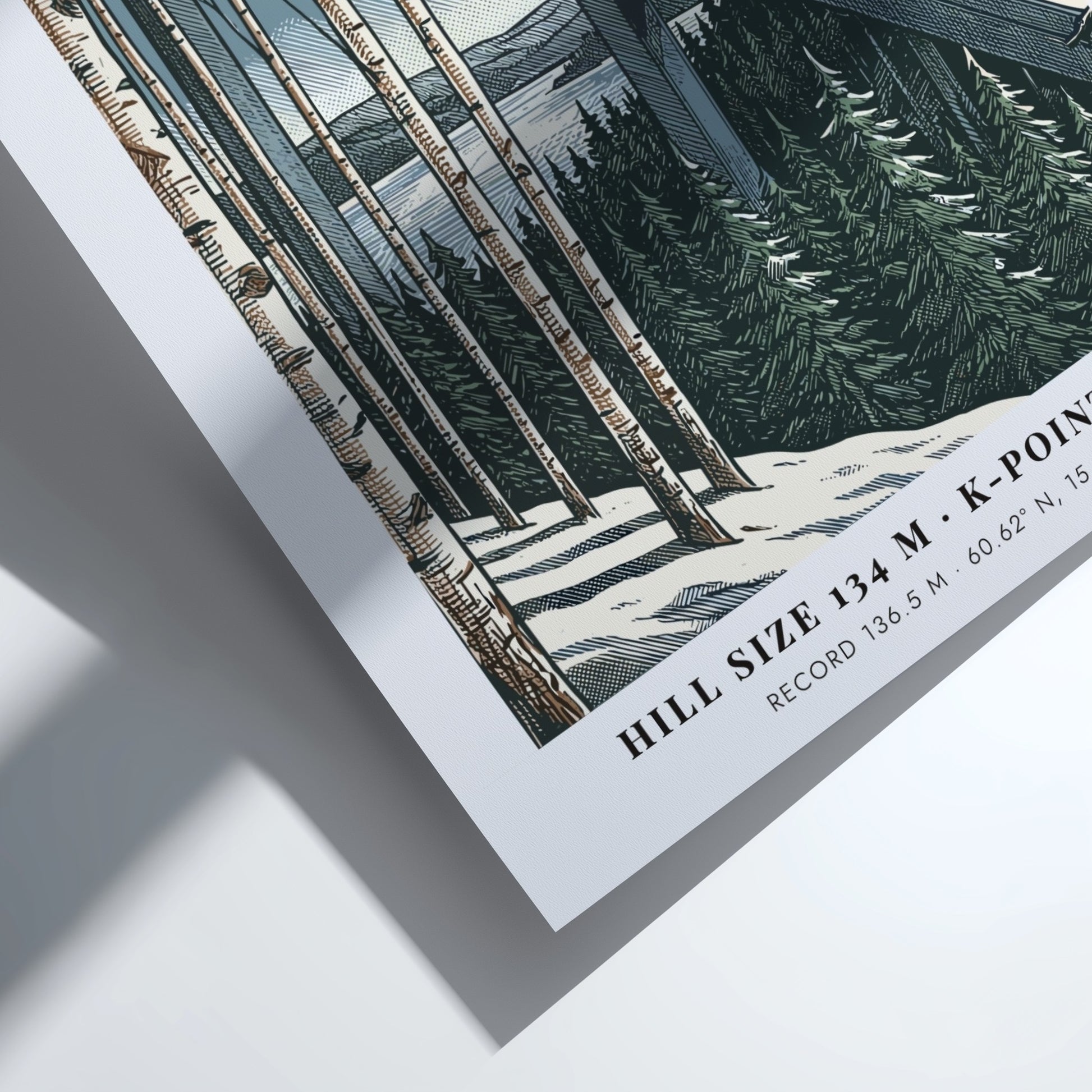 Falun ski jumping poster showing a jumper in mid-air above pine trees and birch