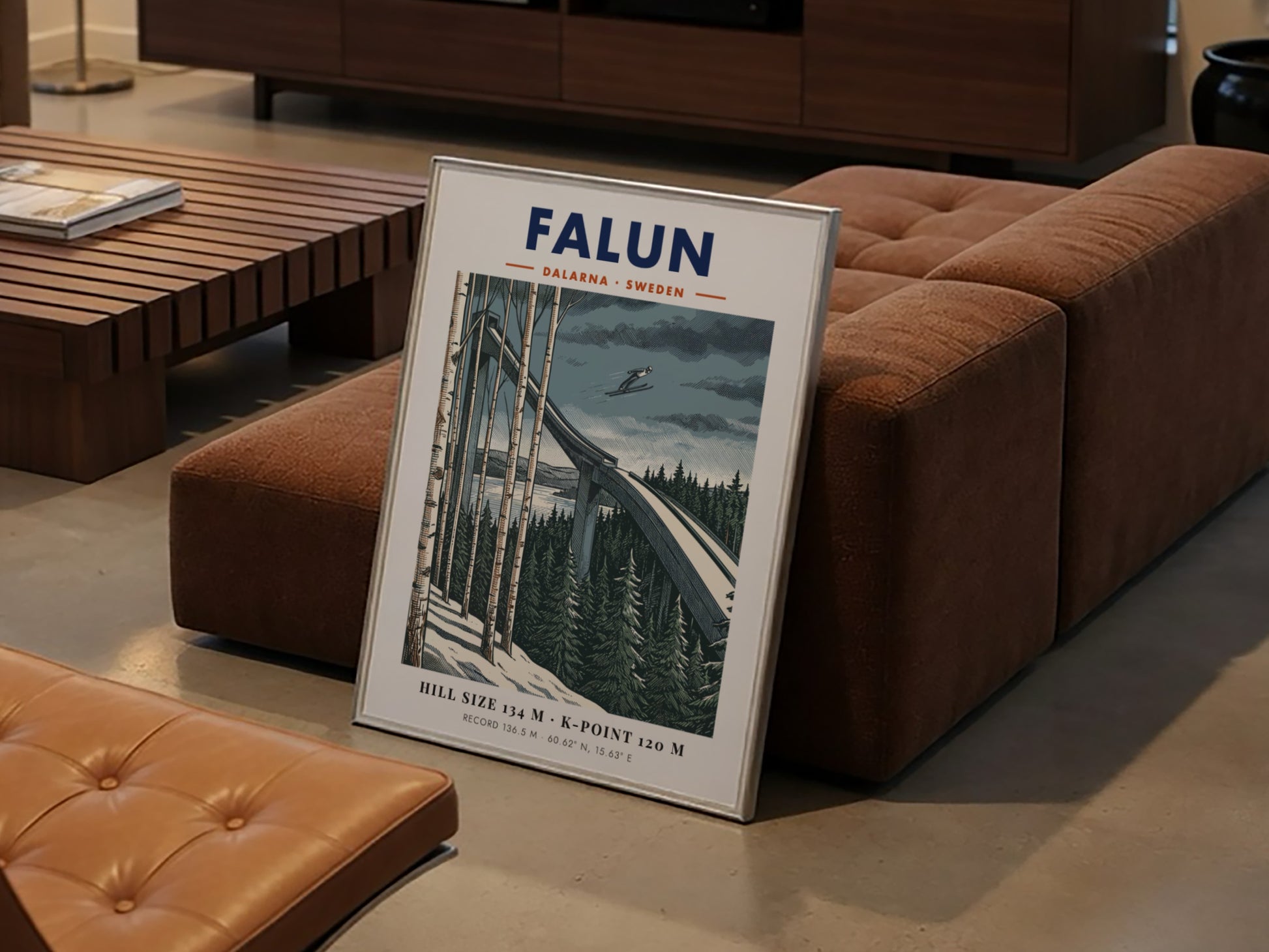 Falun ski jumping poster showing a jumper in mid-air above pine trees and birch