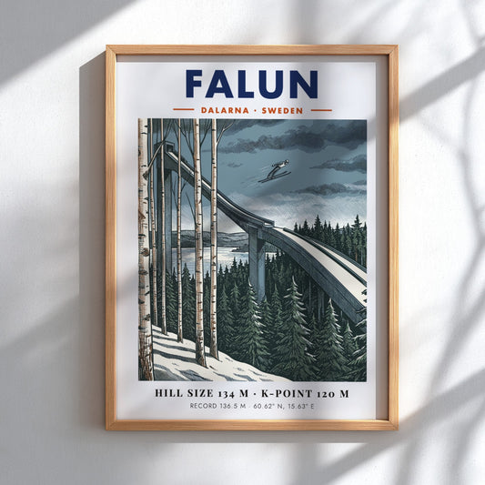 Falun ski jumping poster showing a jumper in mid-air above pine trees and birch