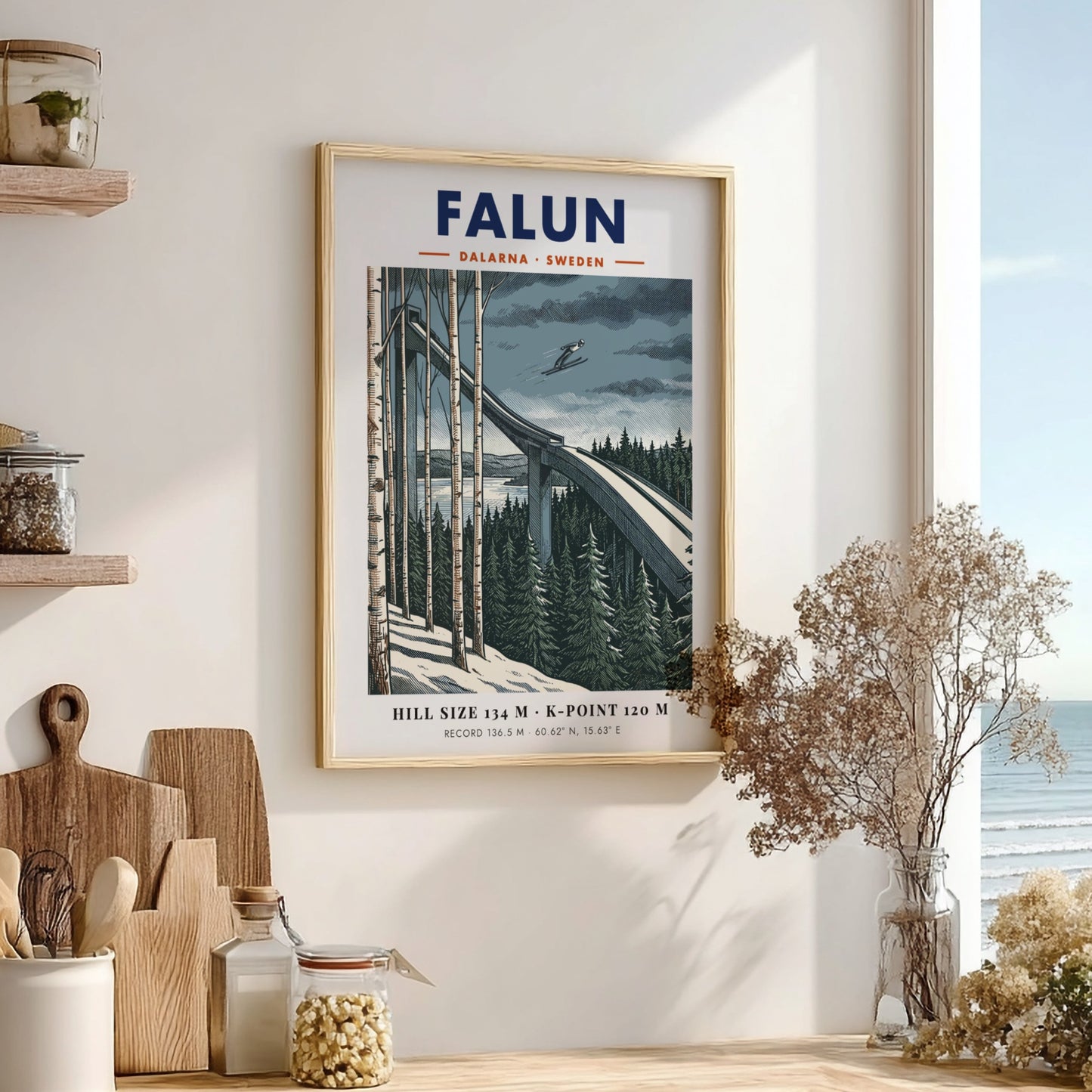 Falun ski jumping poster showing a jumper in mid-air above pine trees and birch