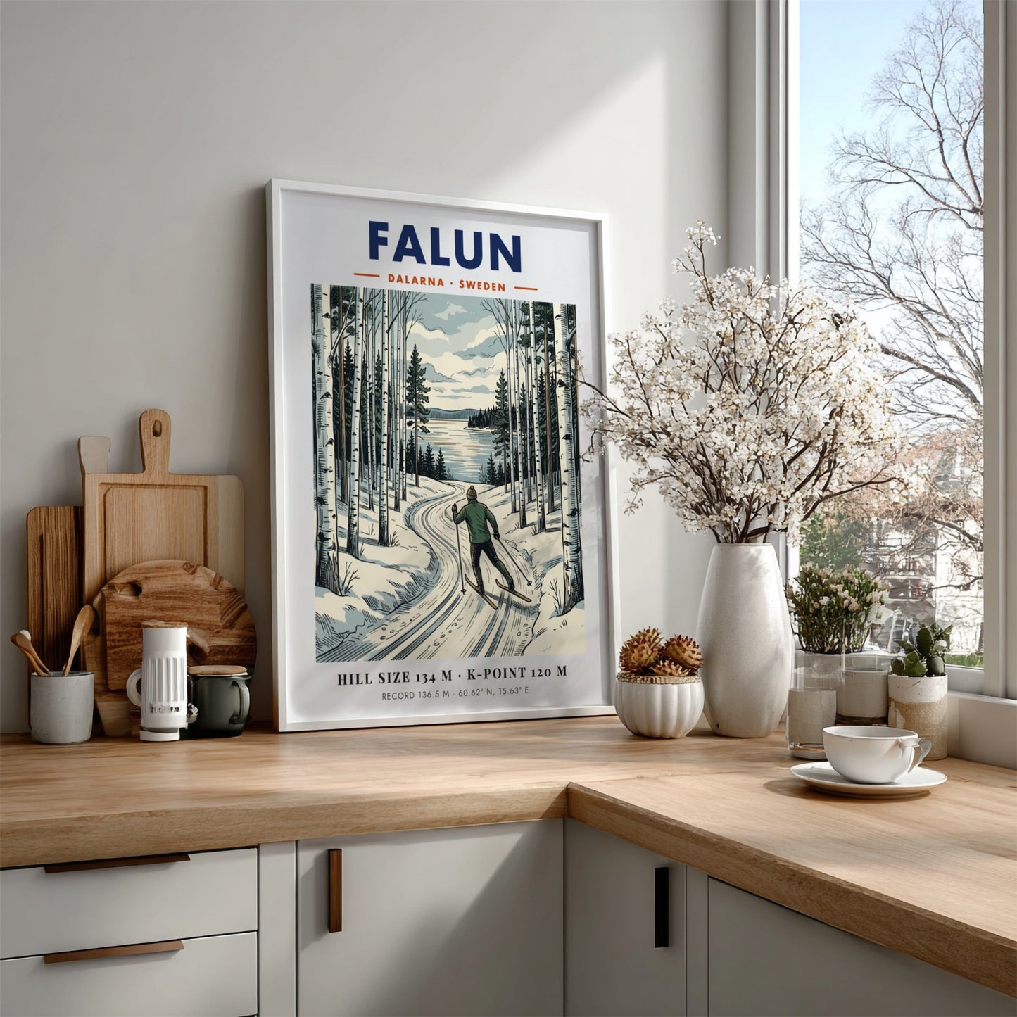 Poster featuring a skier in a forest landscape with Falun Sweden winter scenery.