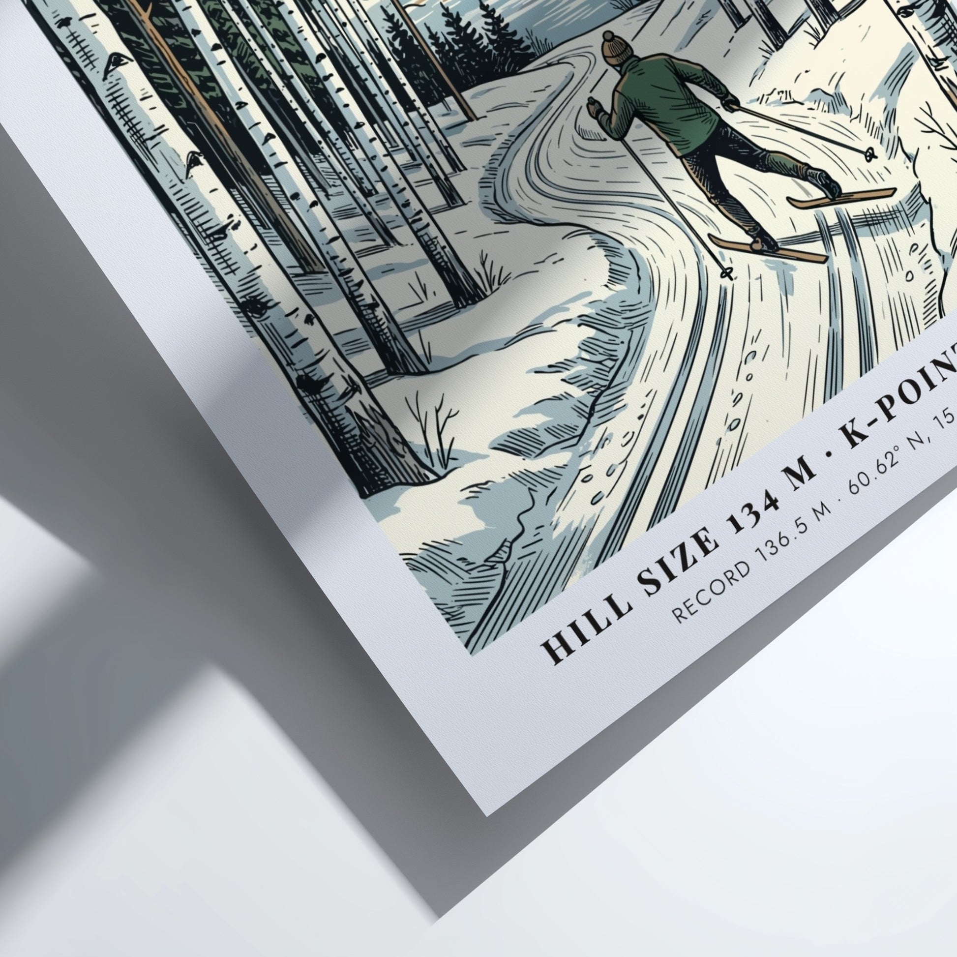 Poster featuring a skier in a forest landscape with Falun Sweden winter scenery.