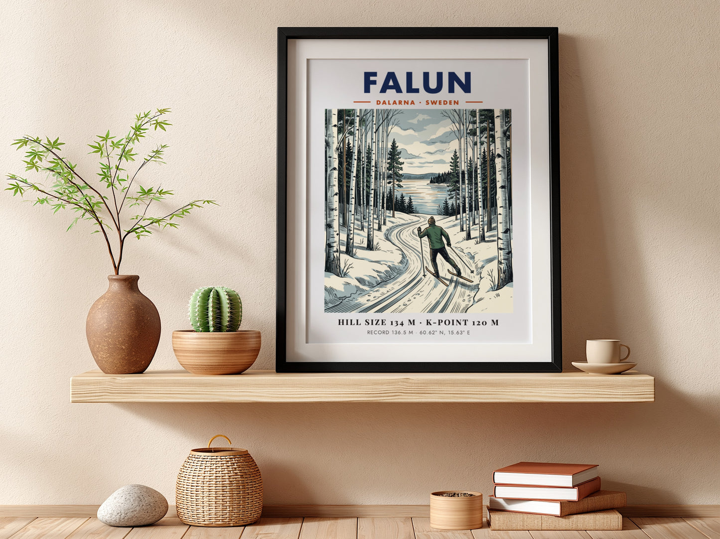 Poster featuring a skier in a forest landscape with Falun Sweden winter scenery.