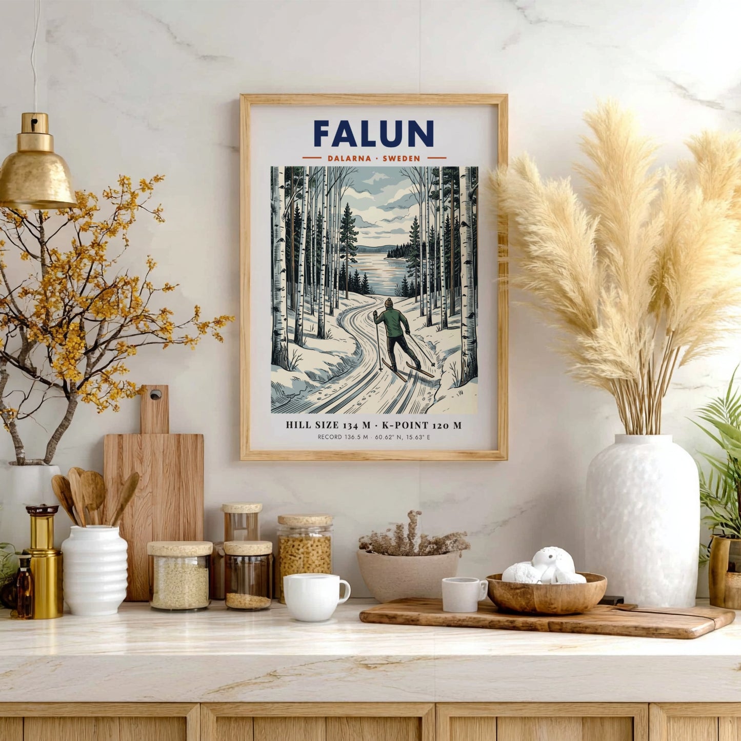Poster featuring a skier in a forest landscape with Falun Sweden winter scenery.