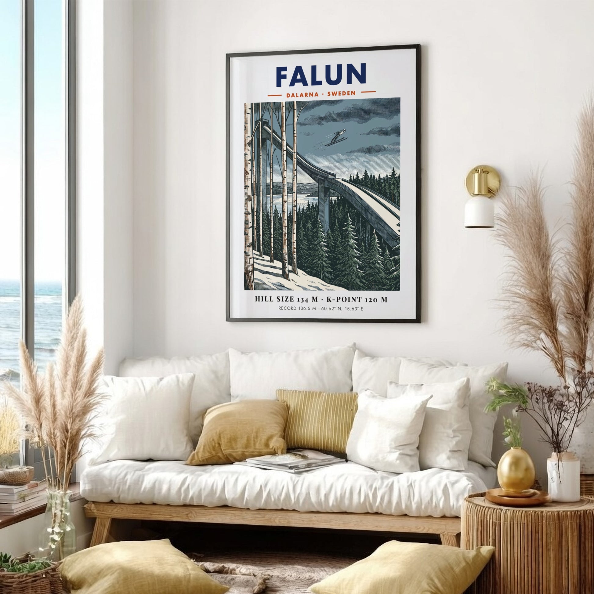 Falun ski jumping poster showing a jumper in mid-air above pine trees and birch