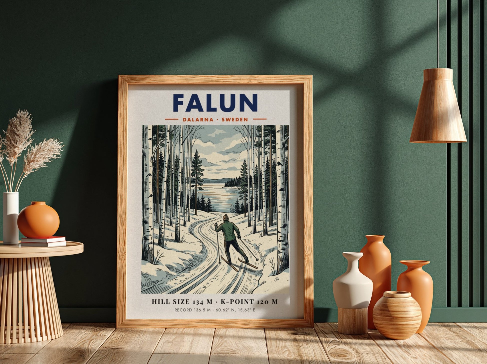 Poster featuring a skier in a forest landscape with Falun Sweden winter scenery.