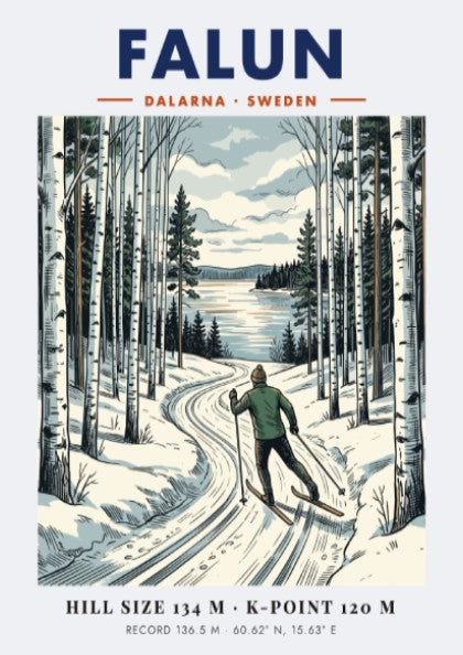 Poster featuring a skier in a forest landscape with Falun Sweden winter scenery.