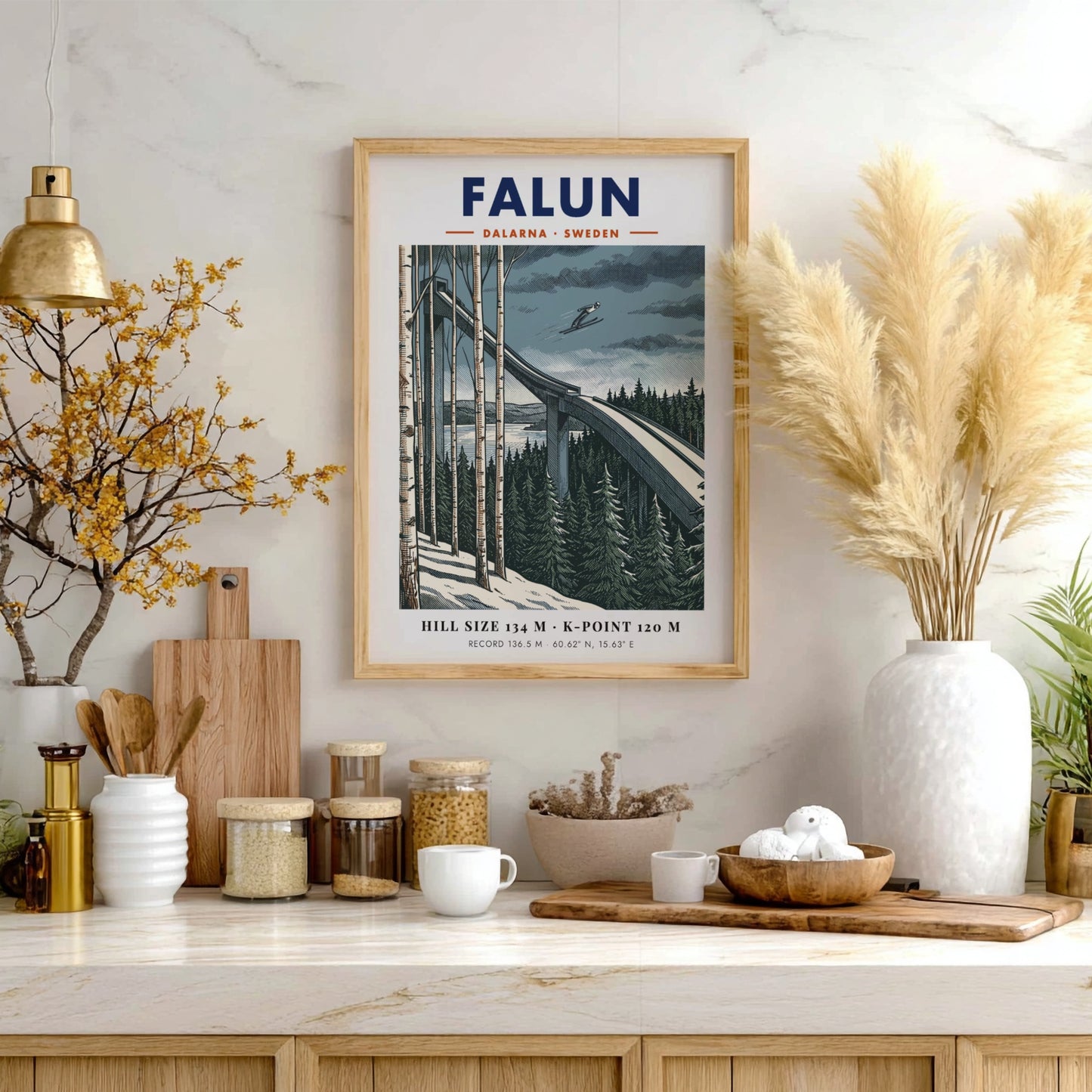 Falun ski jumping poster showing a jumper in mid-air above pine trees and birch