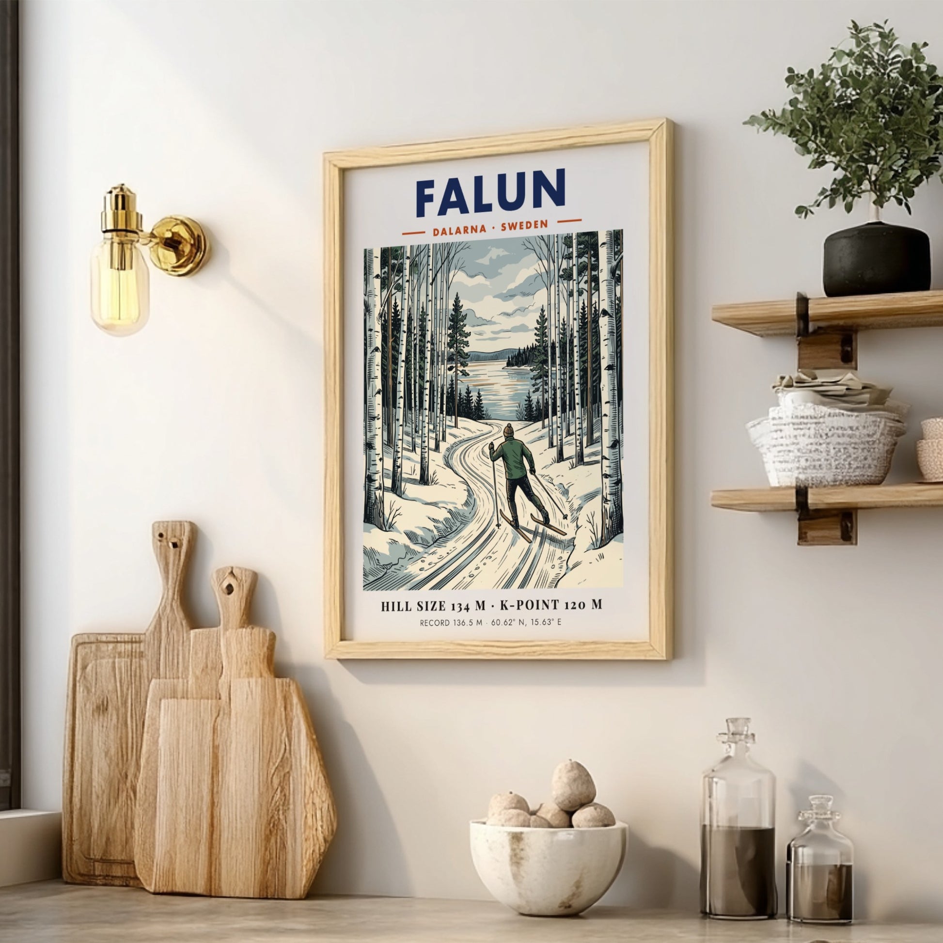 Poster featuring a skier in a forest landscape with Falun Sweden winter scenery.